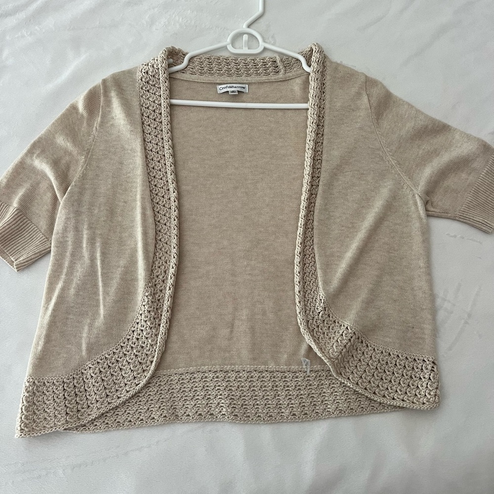 Women's Beige Open-Front Crochet Trim Sweater